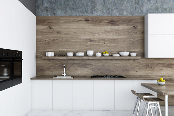 Panele z betonu architektonicznego i z drewna w kuchni